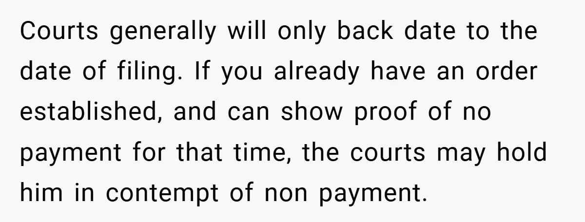 Courts generally will only back date to the date of filing. If you already have an order established, and can show proof of no payment for that time, the courts...
