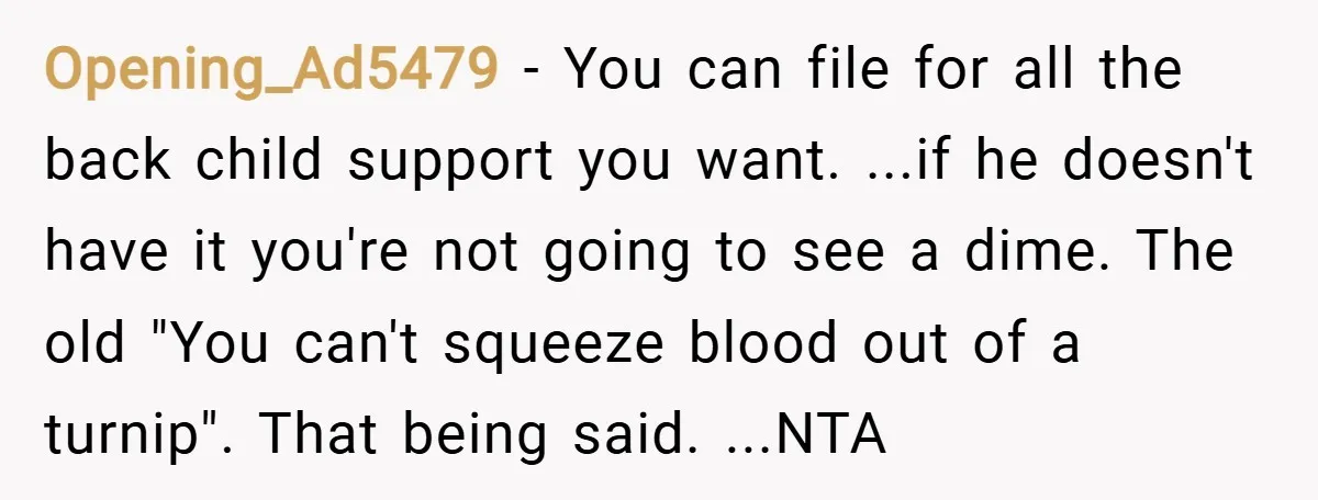Opening_Ad5479 − You can file for all the back child support you want. ...if he doesn't have it you're not going to see a dime. The old "You can't squeeze...