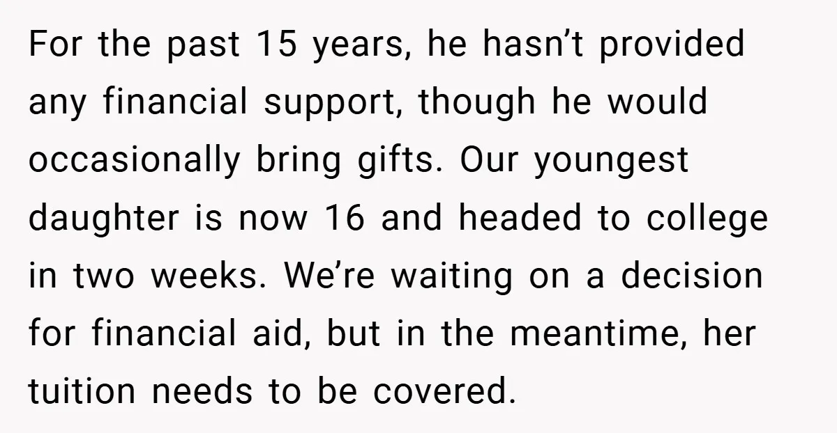 For the past 15 years, he hasn’t provided any financial support, though he would occasionally bring gifts. Our youngest daughter is now 16 and headed to college in two weeks....