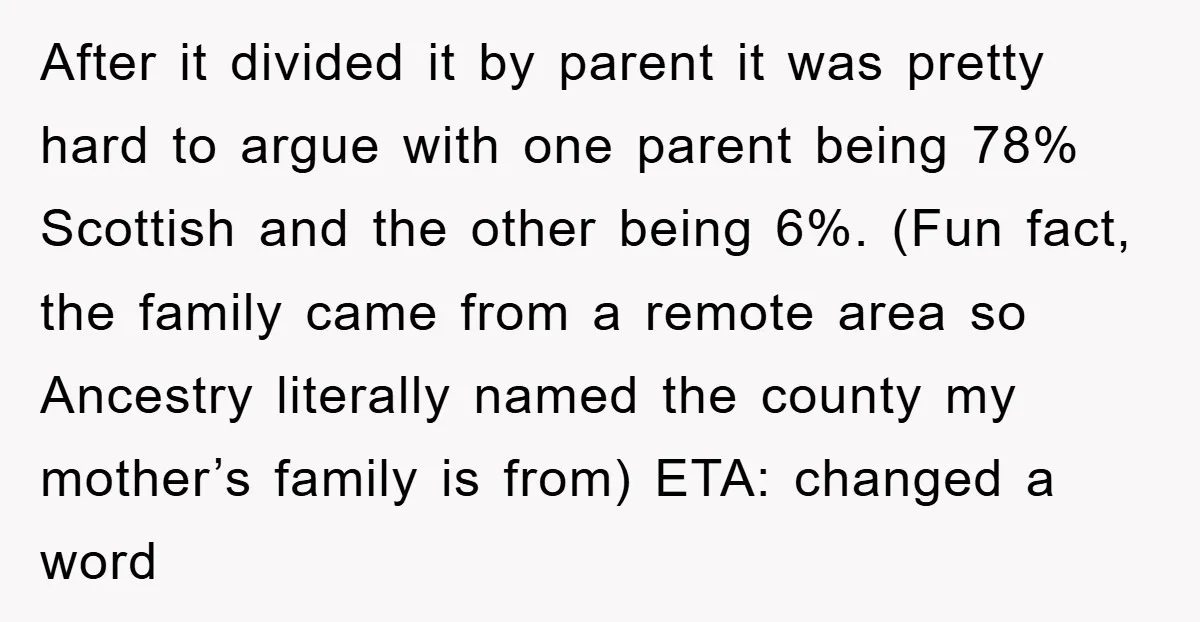 After it divided it by parent it was pretty hard to argue with one parent being 78% Scottish and the other being 6%. (Fun fact, the family came from a...