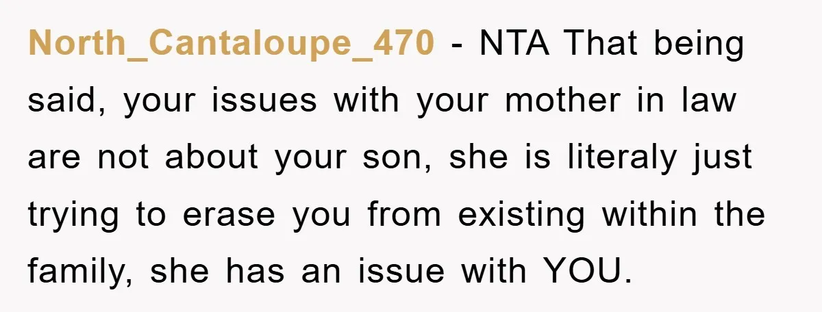 North_Cantaloupe_470 - NTA That being said, your issues with your mother in law are not about your son, she is literaly just trying to erase you from existing within the...