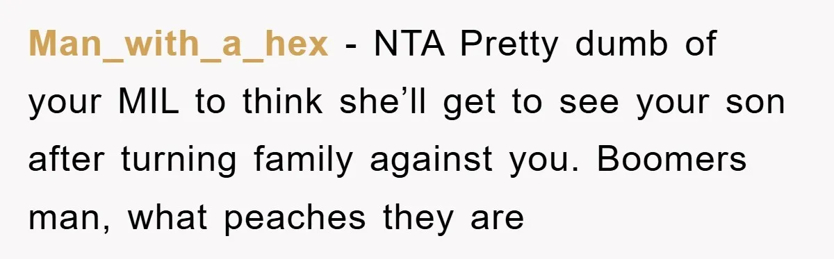 Man_with_a_hex - NTA Pretty dumb of your MIL to think she’ll get to see your son after turning family against you. Boomers man, what peaches they are
