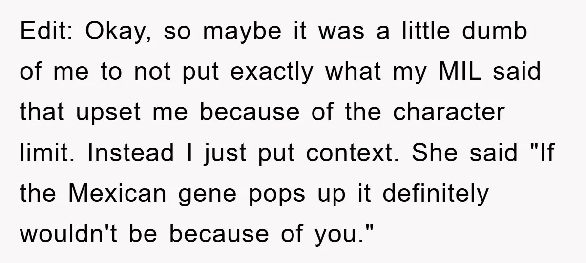 Edit: Okay, so maybe it was a little dumb of me to not put exactly what my MIL said that upset me because of the character limit. Instead I just...