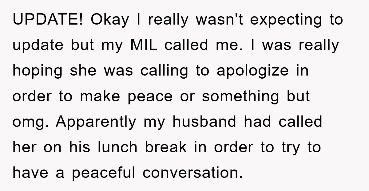 UPDATE! Okay I really wasn't expecting to update but my MIL called me. I was really hoping she was calling to apologize in order to make peace or something but...