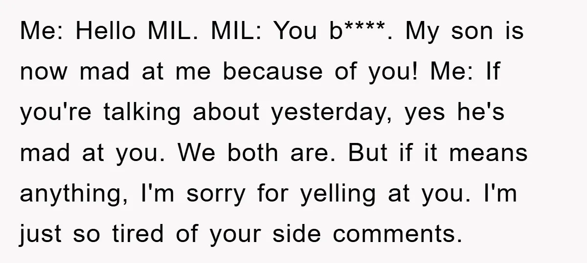 Me: Hello MIL. MIL: You b****. My son is now mad at me because of you! Me: If you're talking about yesterday, yes he's mad at you. We both are....