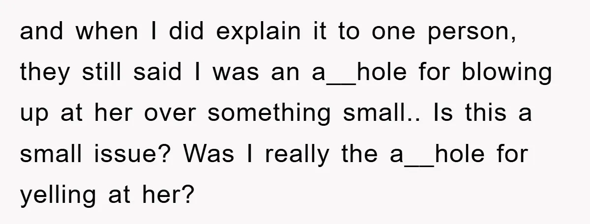 and when I did explain it to one person, they still said I was an a__hole for blowing up at her over something small.. Is this a small issue? Was...