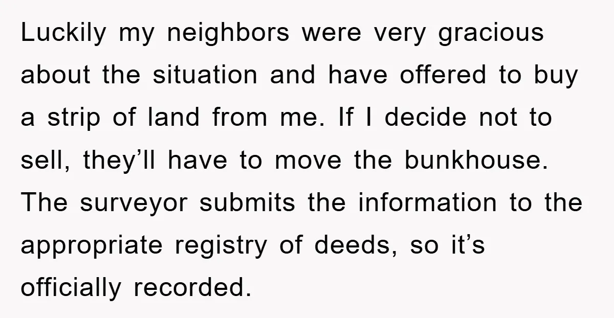 Luckily my neighbors were very gracious about the situation and have offered to buy a strip of land from me. If I decide not to sell, they’ll have to move...