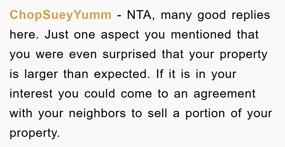 ChopSueyYumm - NTA, many good replies here. Just one aspect you mentioned that you were even surprised that your property is larger than expected. If it is in your interest...