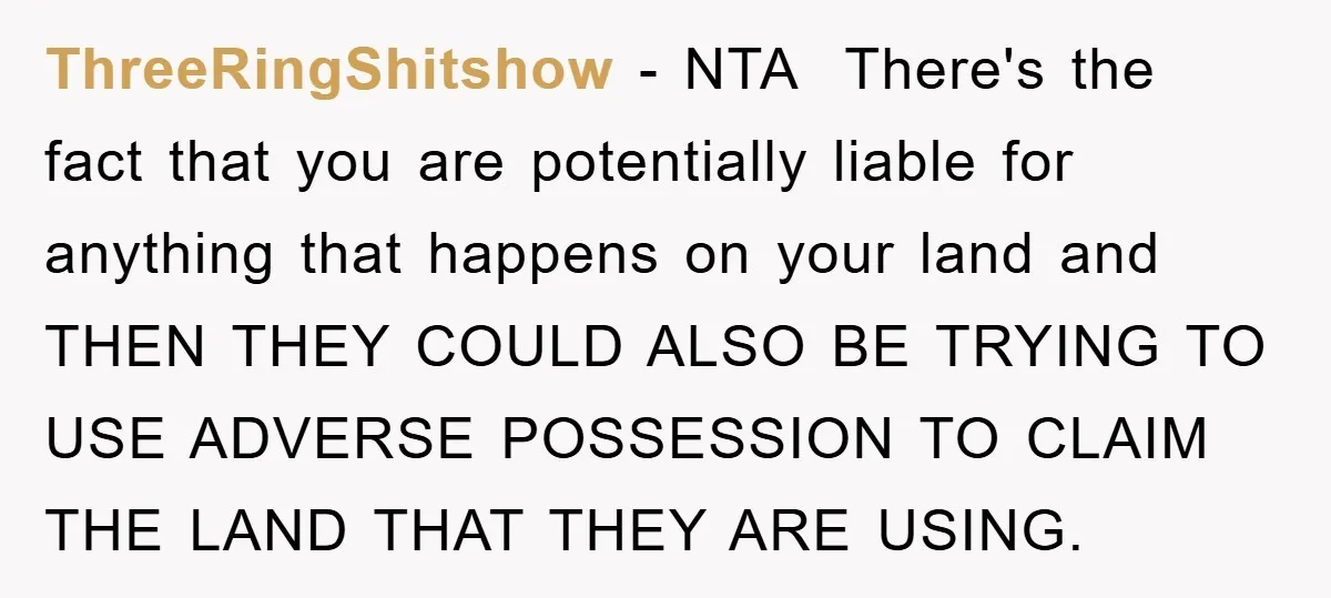 ThreeRingShitshow - NTA There's the fact that you are potentially liable for anything that happens on your land and THEN THEY COULD ALSO BE TRYING TO USE ADVERSE POSSESSION TO...