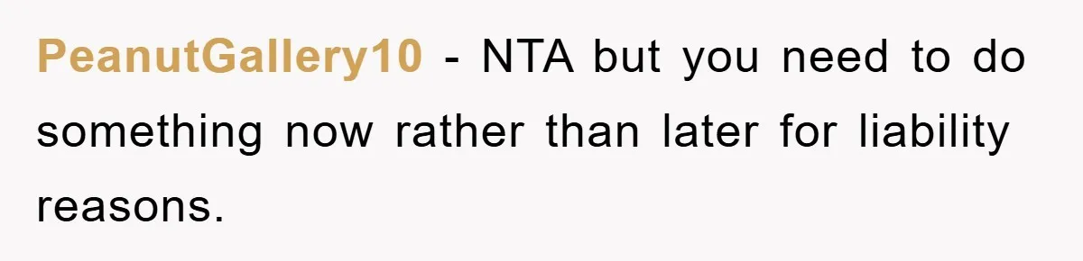 PeanutGallery10 - NTA but you need to do something now rather than later for liability reasons.