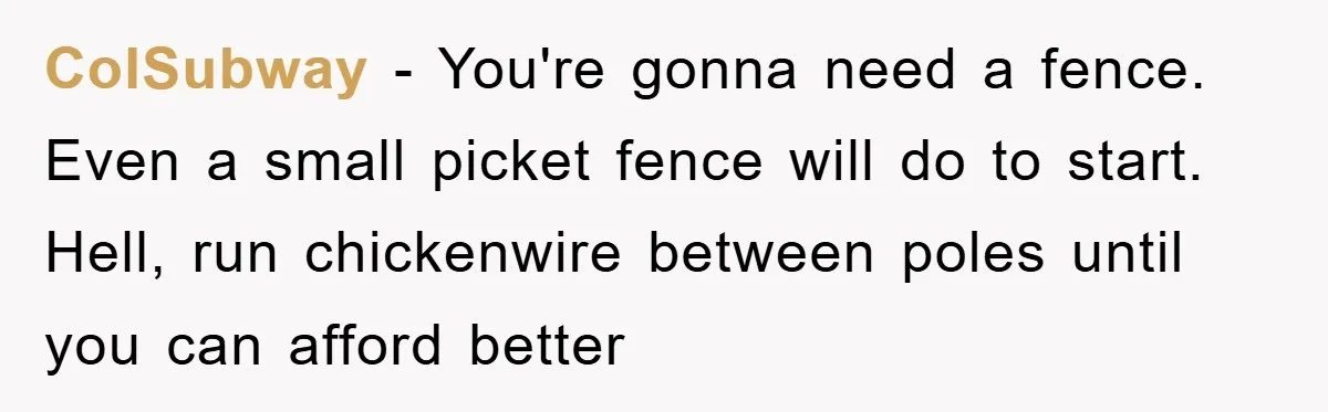 ColSubway - You're gonna need a fence. Even a small picket fence will do to start. Hell, run chickenwire between poles until you can afford better