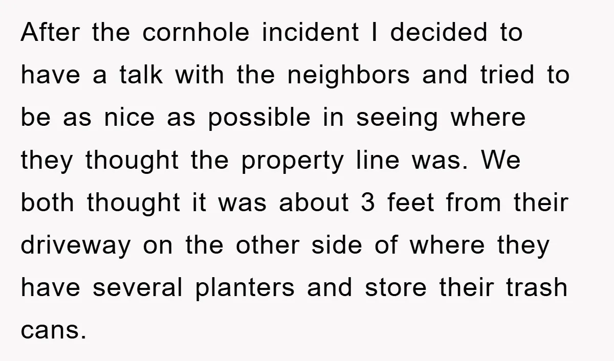 After the cornhole incident I decided to have a talk with the neighbors and tried to be as nice as possible in seeing where they thought the property line was....