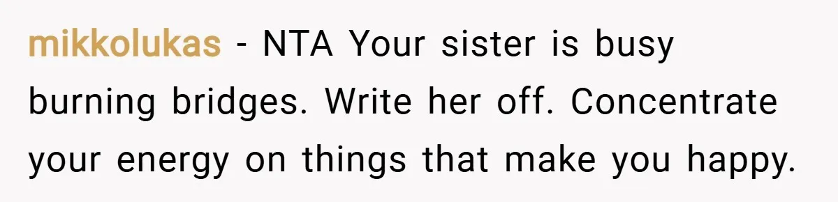 mikkolukas − NTA Your sister is busy burning bridges. Write her off. Concentrate your energy on things that make you happy.