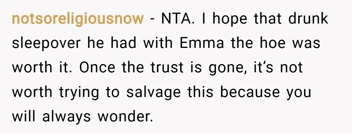 notsoreligiousnow − NTA. I hope that drunk sleepover he had with Emma the hoe was worth it. Once the trust is gone, it’s not worth trying to salvage this because...