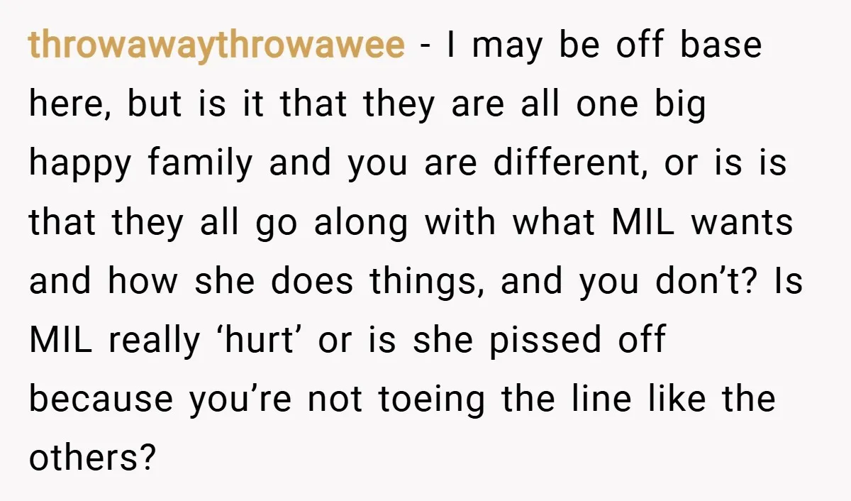 throwawaythrowawee − I may be off base here, but is it that they are all one big happy family and you are different, or is is that they all go...