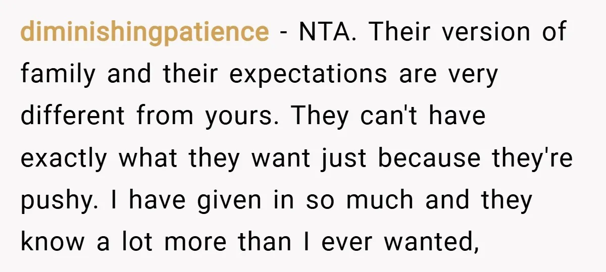 diminishingpatience − NTA. Their version of family and their expectations are very different from yours. They can't have exactly what they want just because they're pushy. I have given in...