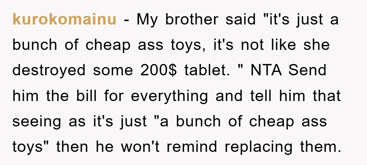 kurokomainu - My brother said "it's just a bunch of cheap ass toys, it's not like she destroyed some 200$ tablet. " NTA Send him the bill for everything and...