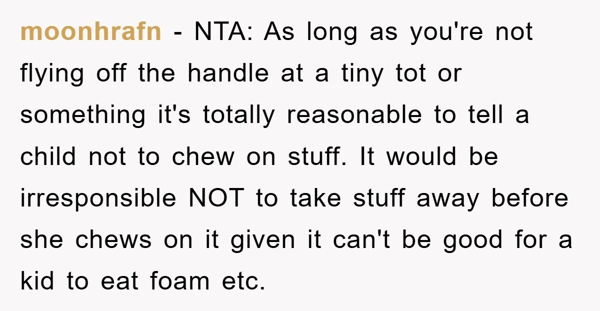 moonhrafn - NTA: As long as you're not flying off the handle at a tiny tot or something it's totally reasonable to tell a child not to chew on stuff....