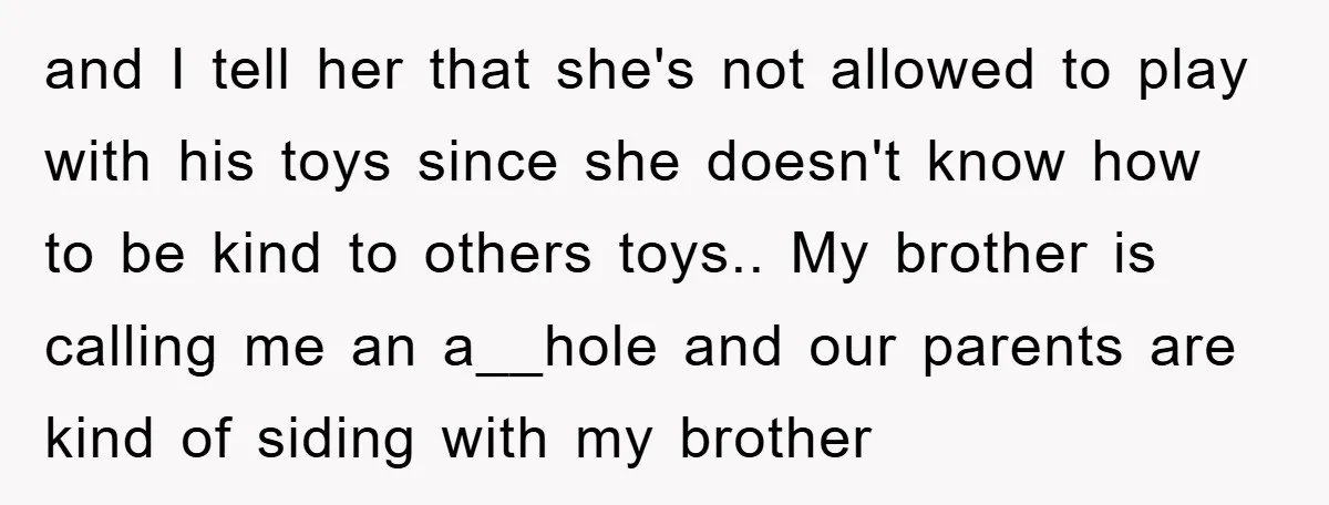 and I tell her that she's not allowed to play with his toys since she doesn't know how to be kind to others toys.. My brother is calling me an...