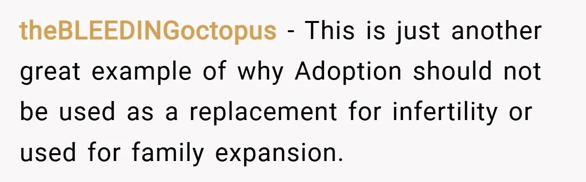 theBLEEDINGoctopus − This is just another great example of why Adoption should not be used as a replacement for infertility or used for family expansion.