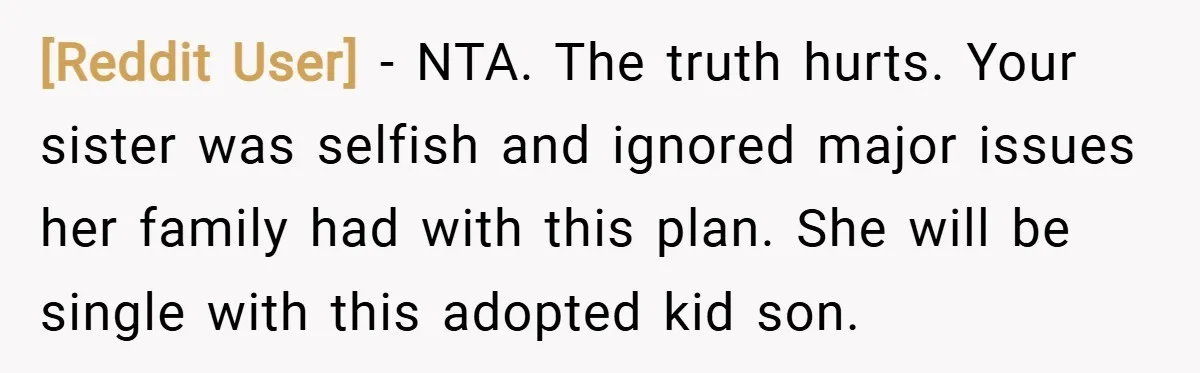[Reddit User] − NTA. The truth hurts. Your sister was selfish and ignored major issues her family had with this plan. She will be single with this adopted kid son.