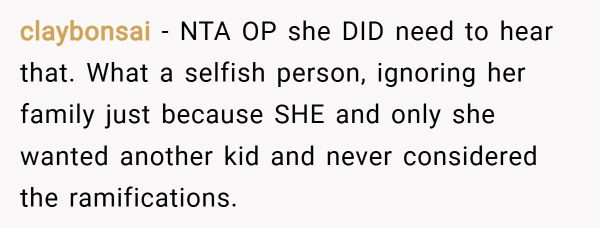 claybonsai − NTA OP she DID need to hear that. What a selfish person, ignoring her family just because SHE and only she wanted another kid and never considered the...