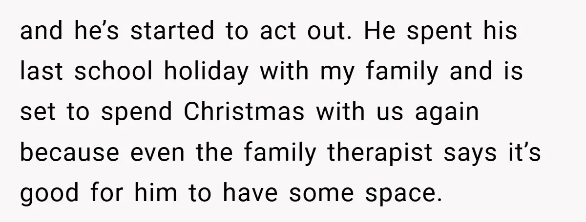 and he’s started to act out. He spent his last school holiday with my family and is set to spend Christmas with us again because even the family therapist says...