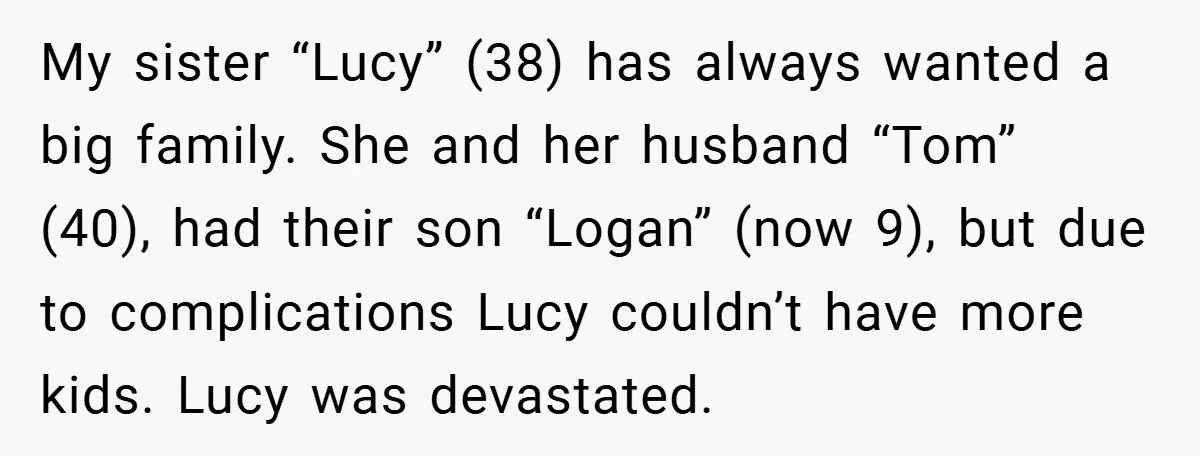 My sister “Lucy” (38) has always wanted a big family. She and her husband “Tom” (40), had their son “Logan” (now 9), but due to complications Lucy couldn’t have more...