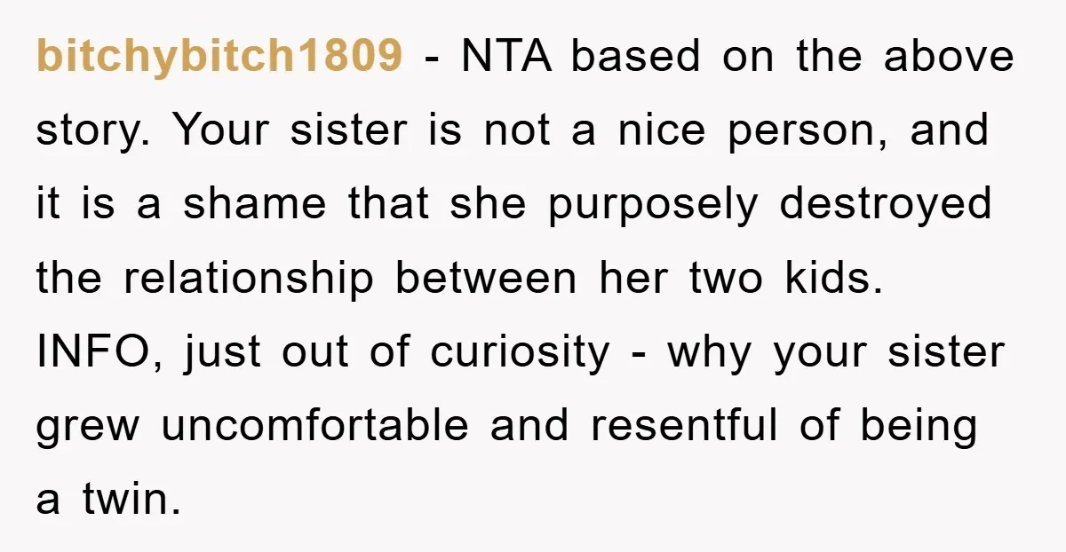 bitchybitch1809 - NTA based on the above story. Your sister is not a nice person, and it is a shame that she purposely destroyed the relationship between her two kids....