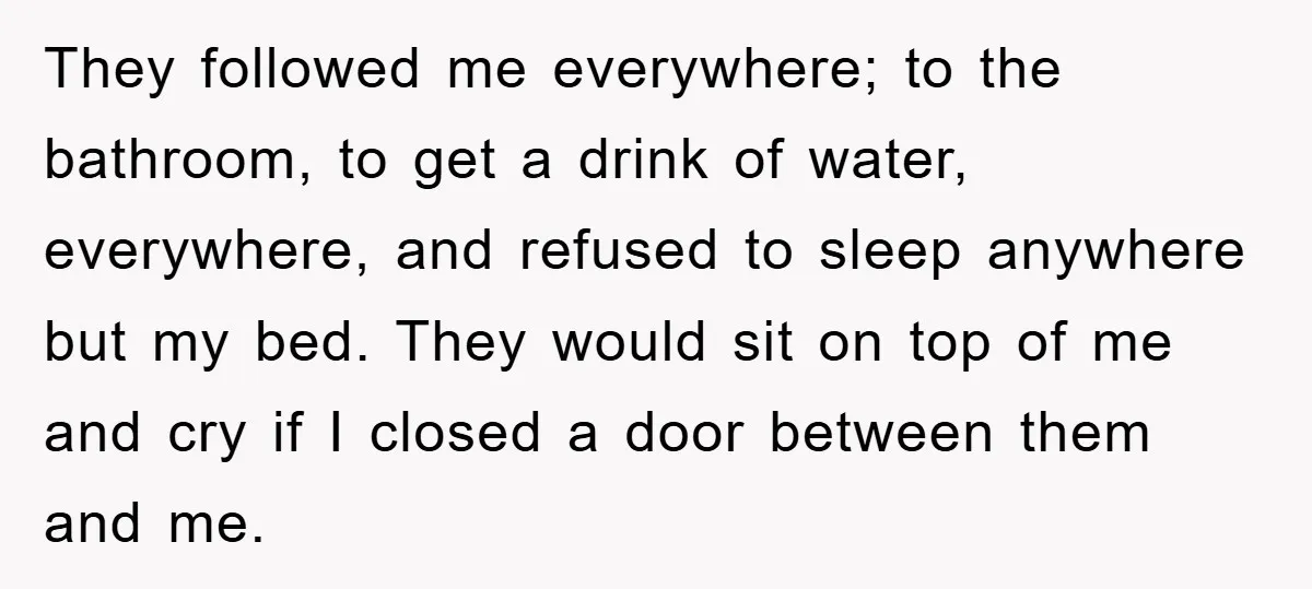 They followed me everywhere; to the bathroom, to get a drink of water, everywhere, and refused to sleep anywhere but my bed. They would sit on top of me and...