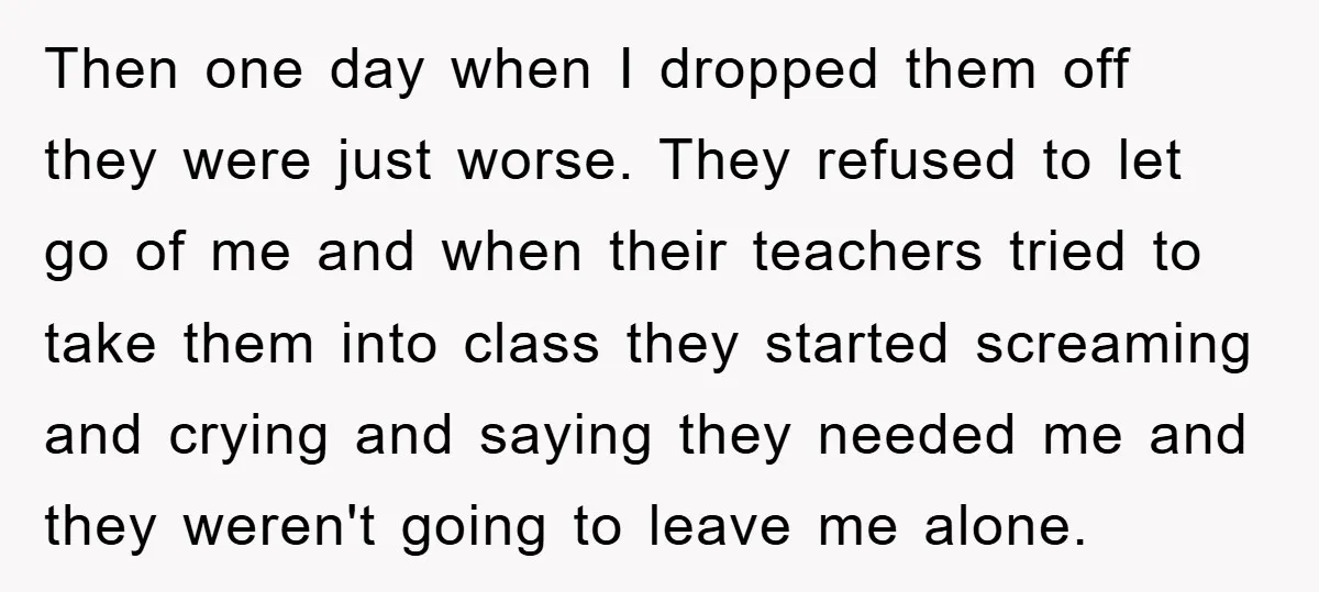 Then one day when I dropped them off they were just worse. They refused to let go of me and when their teachers tried to take them into class they...