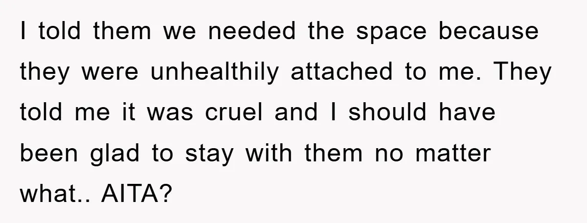 I told them we needed the space because they were unhealthily attached to me. They told me it was cruel and I should have been glad to stay with them...