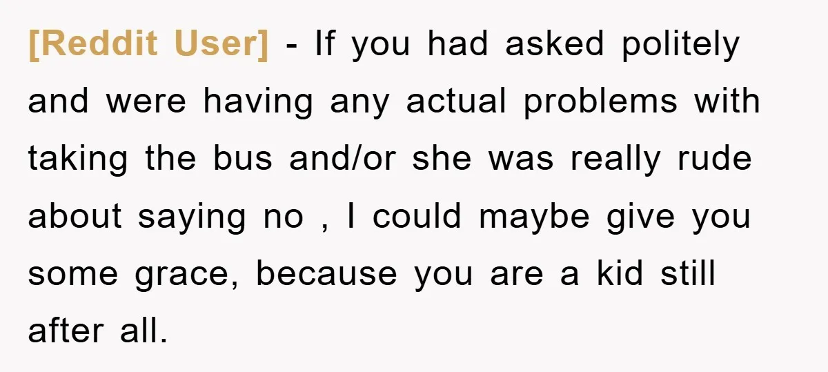 [Reddit User] − If you had asked politely and were having any actual problems with taking the bus and/or she was really rude about saying no , I could maybe...