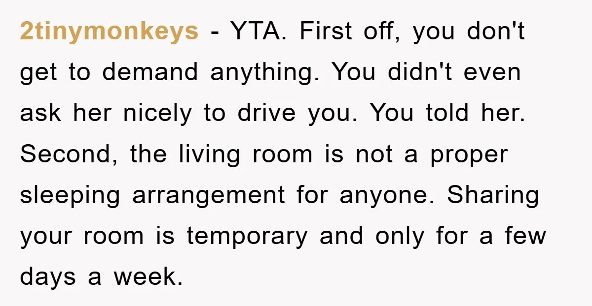 2tinymonkeys − YTA. First off, you don't get to demand anything. You didn't even ask her nicely to drive you. You told her. Second, the living room is not a...