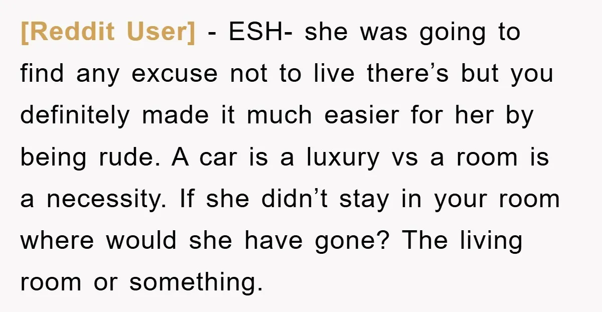 [Reddit User] − ESH- she was going to find any excuse not to live there’s but you definitely made it much easier for her by being rude. A car is...