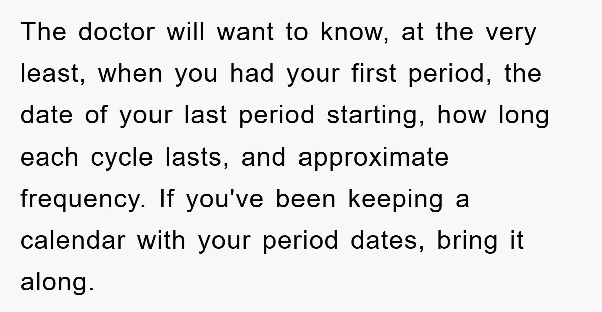 The doctor will want to know, at the very least, when you had your first period, the date of your last period starting, how long each cycle lasts, and approximate...