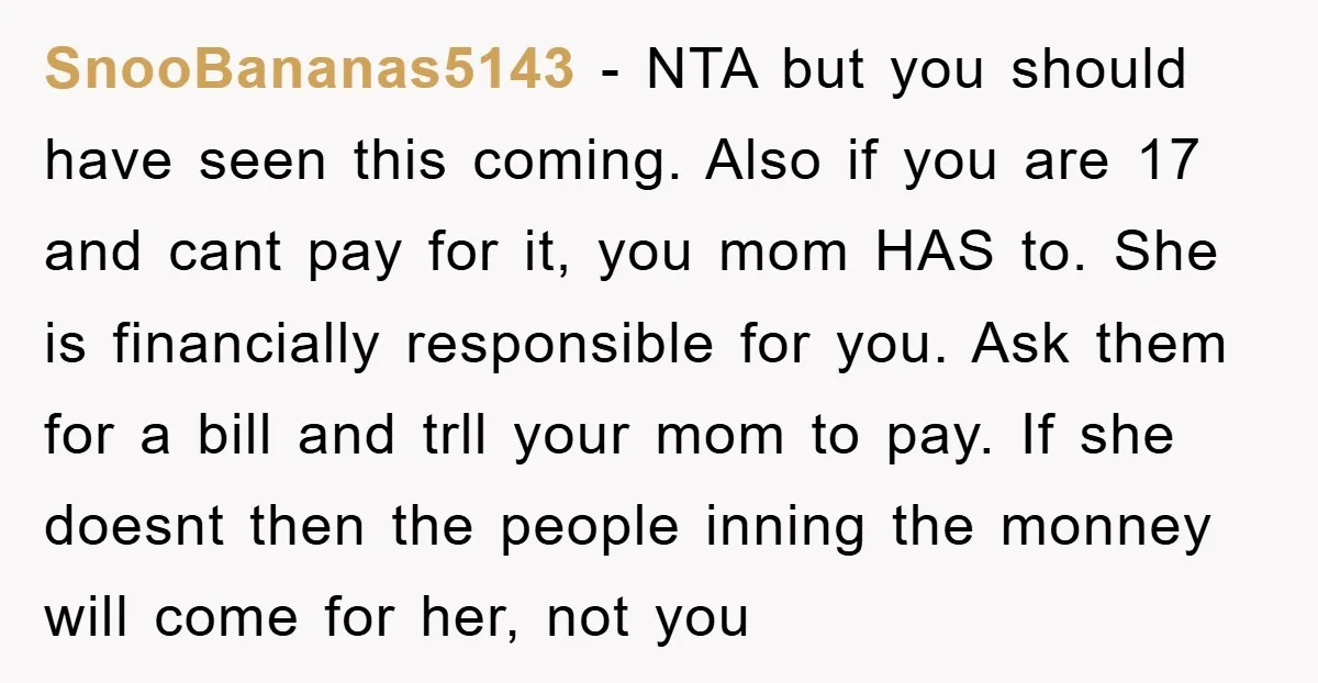 SnooBananas5143 − NTA but you should have seen this coming. Also if you are 17 and cant pay for it, you mom HAS to. She is financially responsible for you....