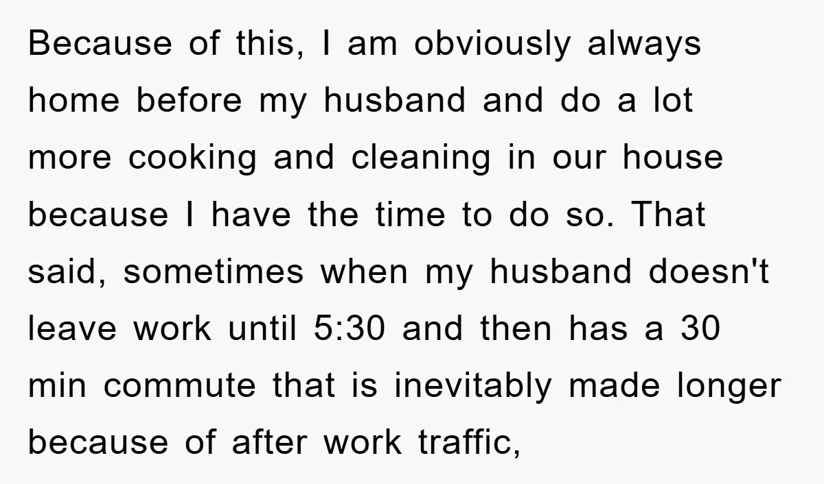 Because of this, I am obviously always home before my husband and do a lot more cooking and cleaning in our house because I have the time to do so....