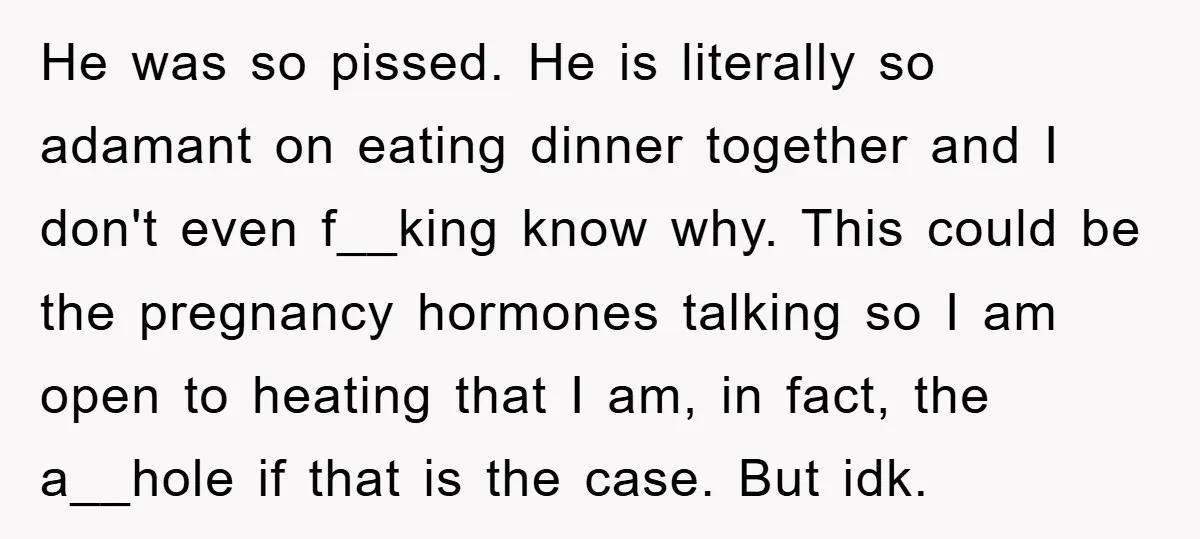 He was so pissed. He is literally so adamant on eating dinner together and I don't even f__king know why. This could be the pregnancy hormones talking so I am...