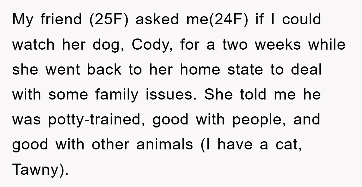 My friend (25F) asked me(24F) if I could watch her dog, Cody, for a two weeks while she went back to her home state to deal with some family issues....