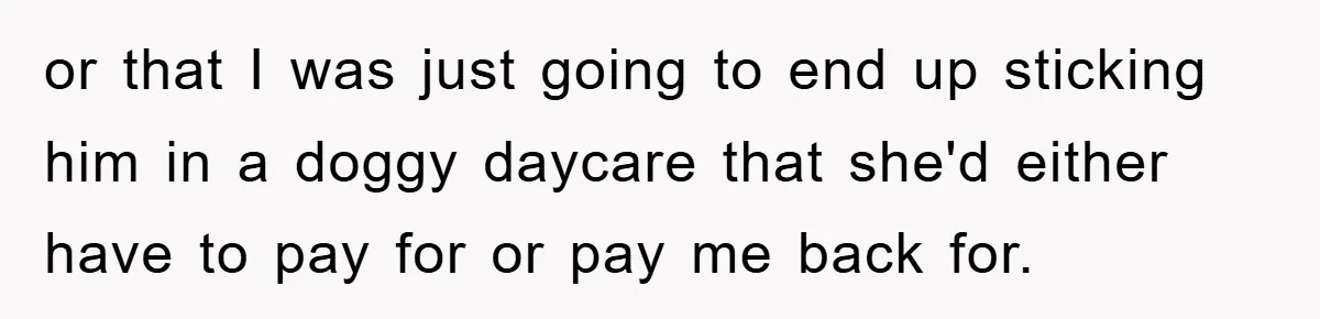 or that I was just going to end up sticking him in a doggy daycare that she'd either have to pay for or pay me back for.