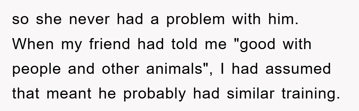 so she never had a problem with him. When my friend had told me "good with people and other animals", I had assumed that meant he probably had similar training.