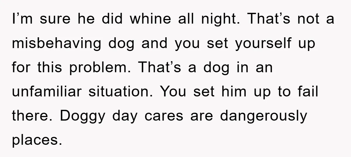 I’m sure he did whine all night. That’s not a misbehaving dog and you set yourself up for this problem. That’s a dog in an unfamiliar situation. You set him...