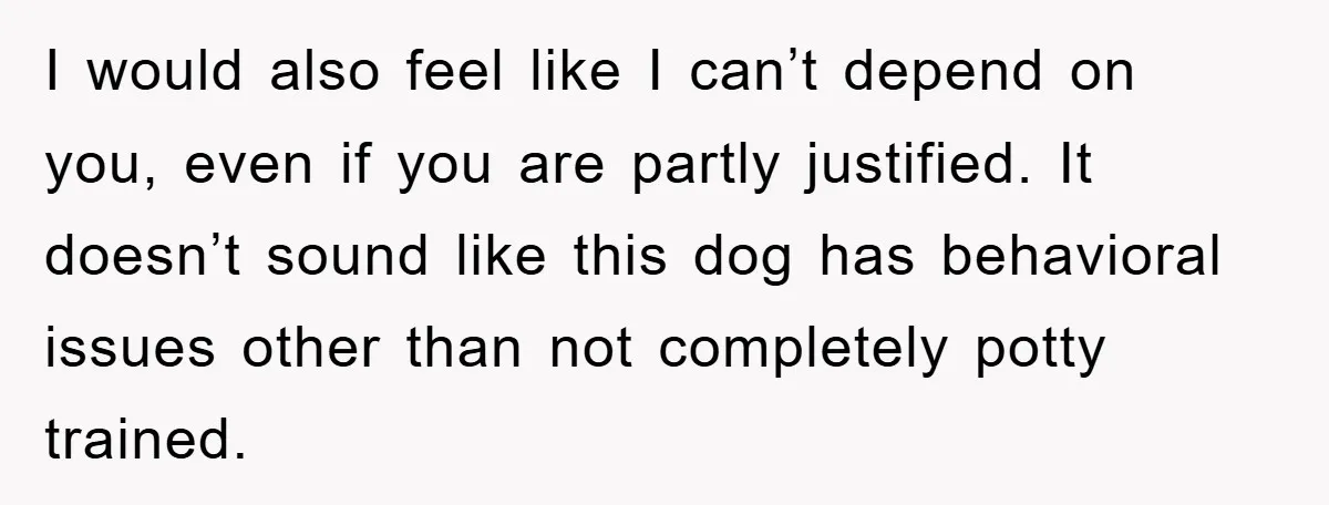 I would also feel like I can’t depend on you, even if you are partly justified. It doesn’t sound like this dog has behavioral issues other than not completely potty...