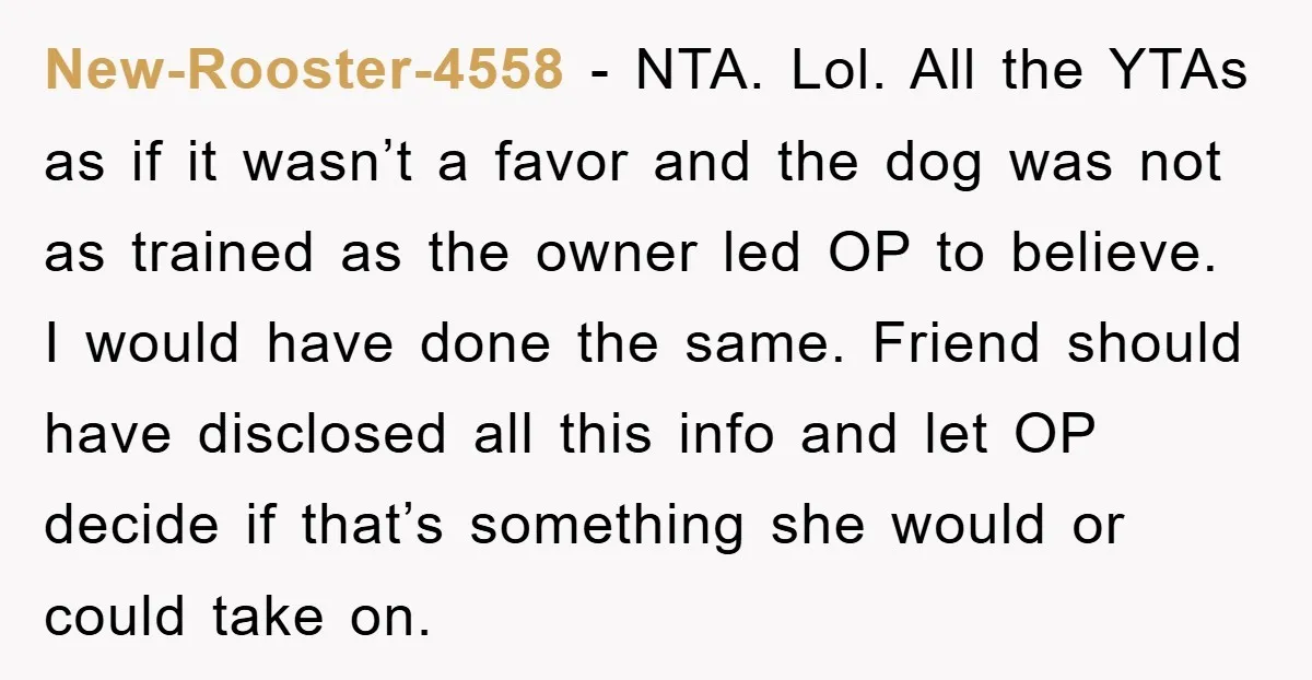 New-Rooster-4558 − NTA. Lol. All the YTAs as if it wasn’t a favor and the dog was not as trained as the owner led OP to believe. I would have...