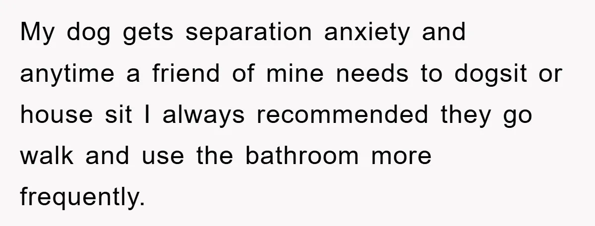 My dog gets separation anxiety and anytime a friend of mine needs to dogsit or house sit I always recommended they go walk and use the bathroom more frequently.