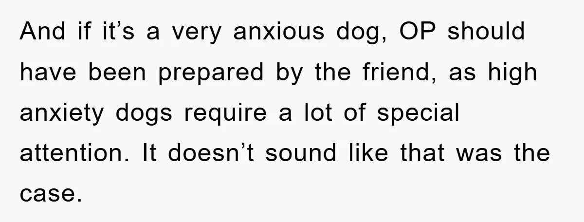 And if it’s a very anxious dog, OP should have been prepared by the friend, as high anxiety dogs require a lot of special attention. It doesn’t sound like that...