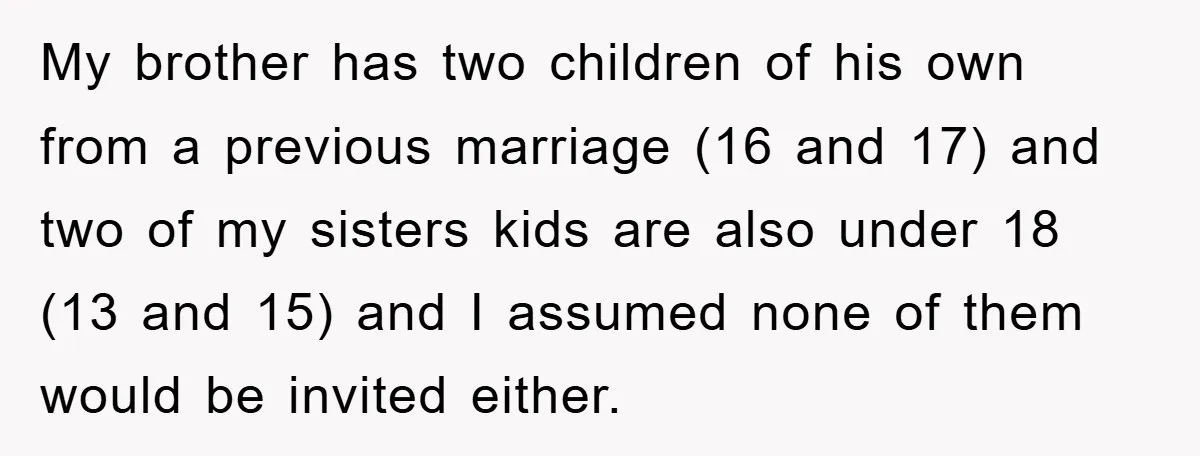 My brother has two children of his own from a previous marriage (16 and 17) and two of my sisters kids are also under 18 (13 and 15) and I...
