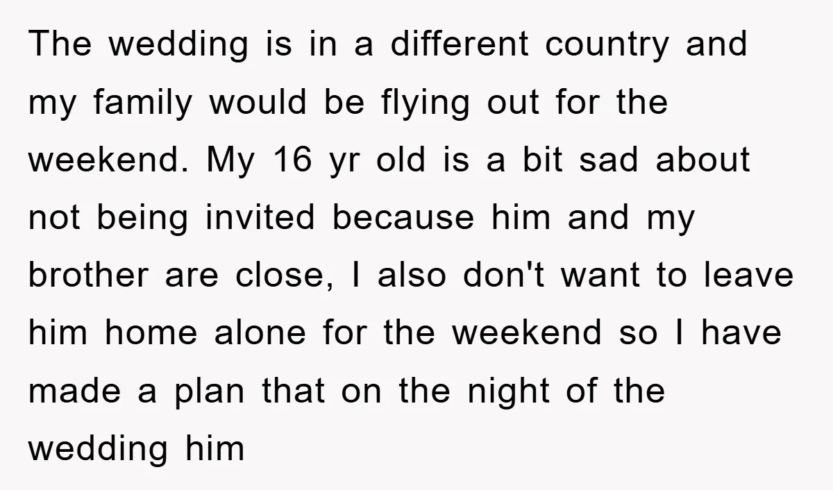 The wedding is in a different country and my family would be flying out for the weekend. My 16 yr old is a bit sad about not being invited because...
