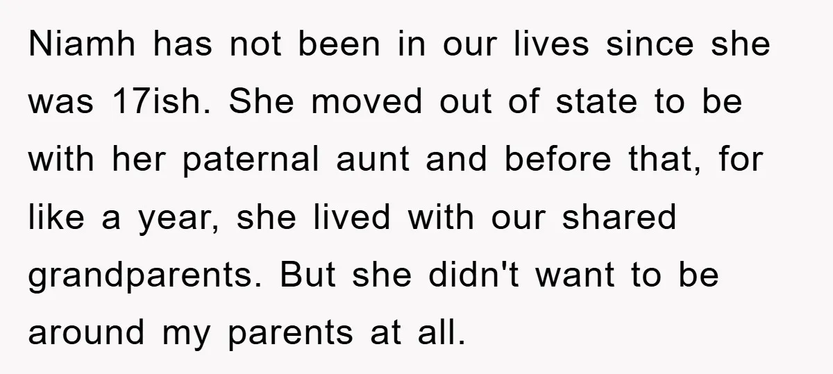 Niamh has not been in our lives since she was 17ish. She moved out of state to be with her paternal aunt and before that, for like a year, she...
